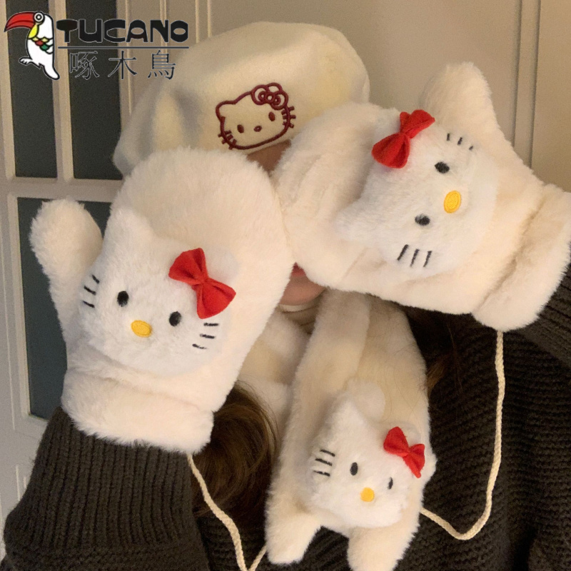 帕恰狗毛绒手套卡其玩偶加绒加厚护手冬骑行防风保暖女