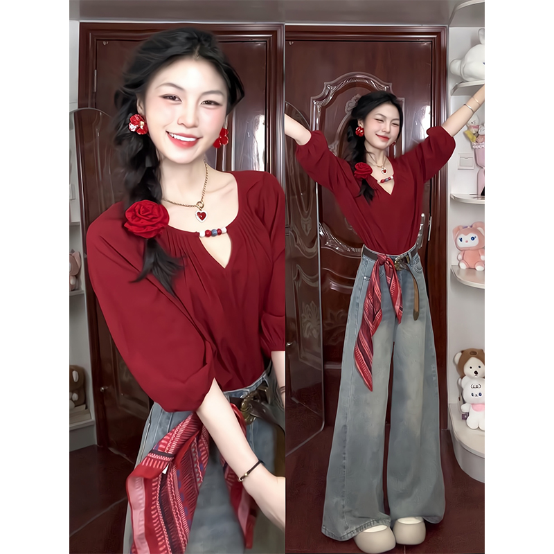 2025新款女士早秋季法式高级感红色半袖衬衫上衣高腰宽松阔腿裤