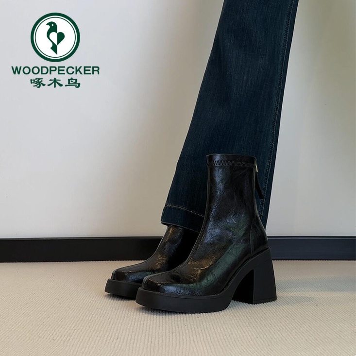 啄木鸟增高厚底短靴女小个子高跟鞋粗跟马丁靴子法式方头瘦瘦靴女
