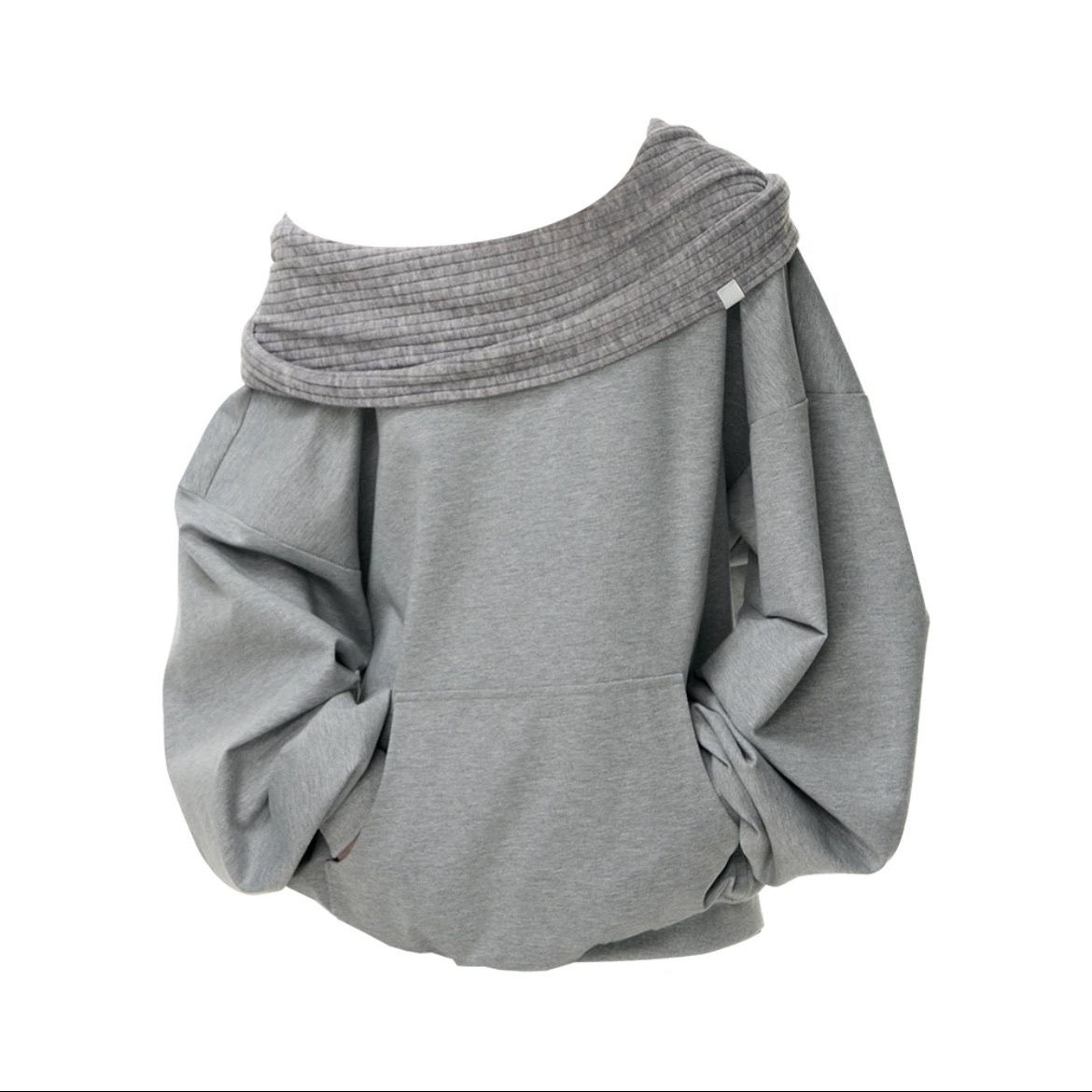 一字肩灰色长袖连帽卫衣外套女秋冬设计感小众露肩套头慵懒风上衣