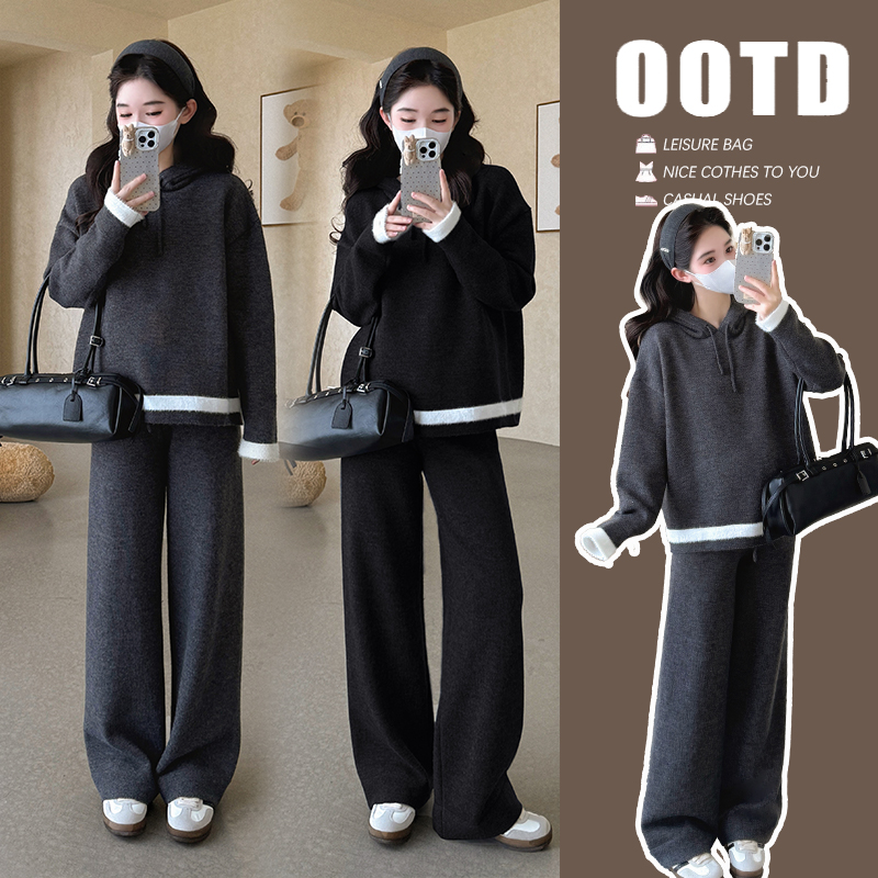 秋季孕妇装时髦洋气秋冬孕妇拼接撞色连帽减龄宽松休闲毛衣两件套