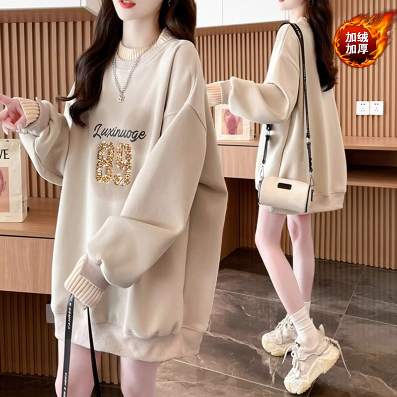 亮片刺绣假两件加绒加厚卫衣女秋冬季新款韩版宽松大码设计感上衣