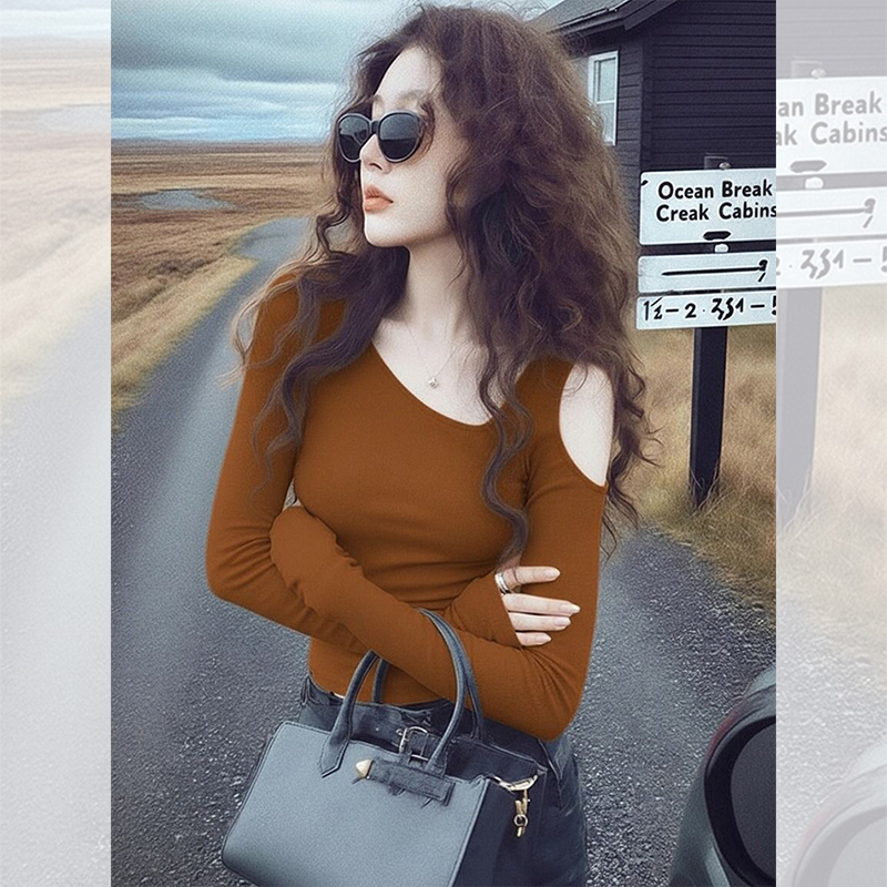 别致独特漂亮小衫咖色内搭露肩上衣韩系秋冬季穿搭针织打底衫女装