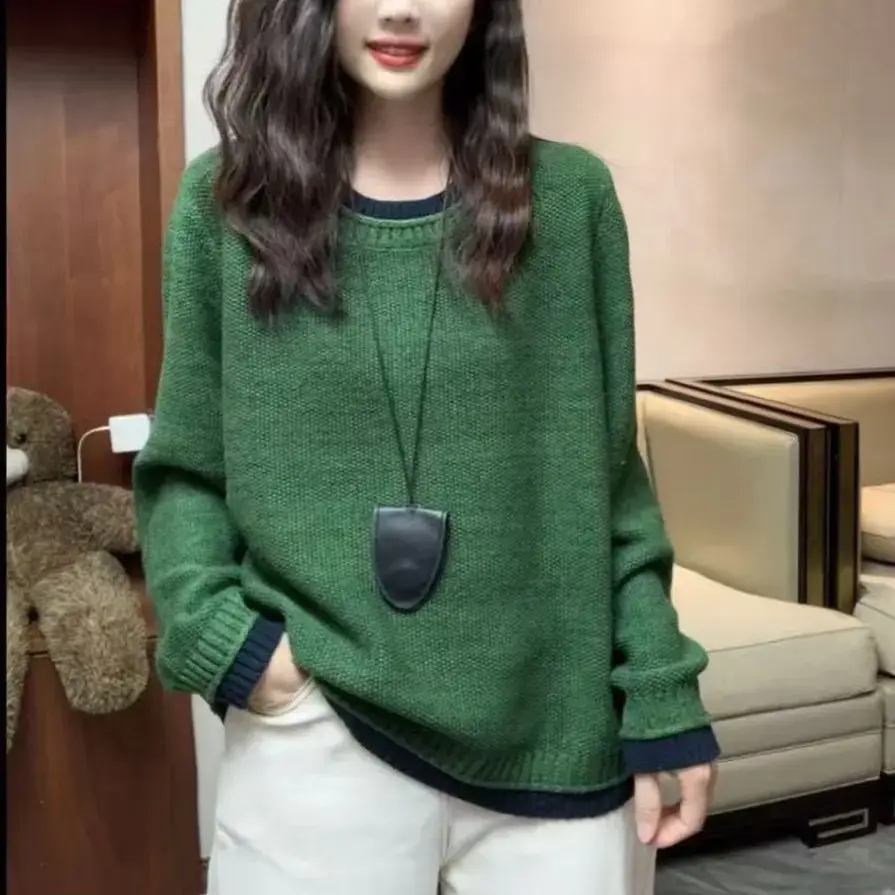 2025秋冬慵懒风打底衫极简圆领撞色休闲百搭时尚针织套头毛衣上衣
