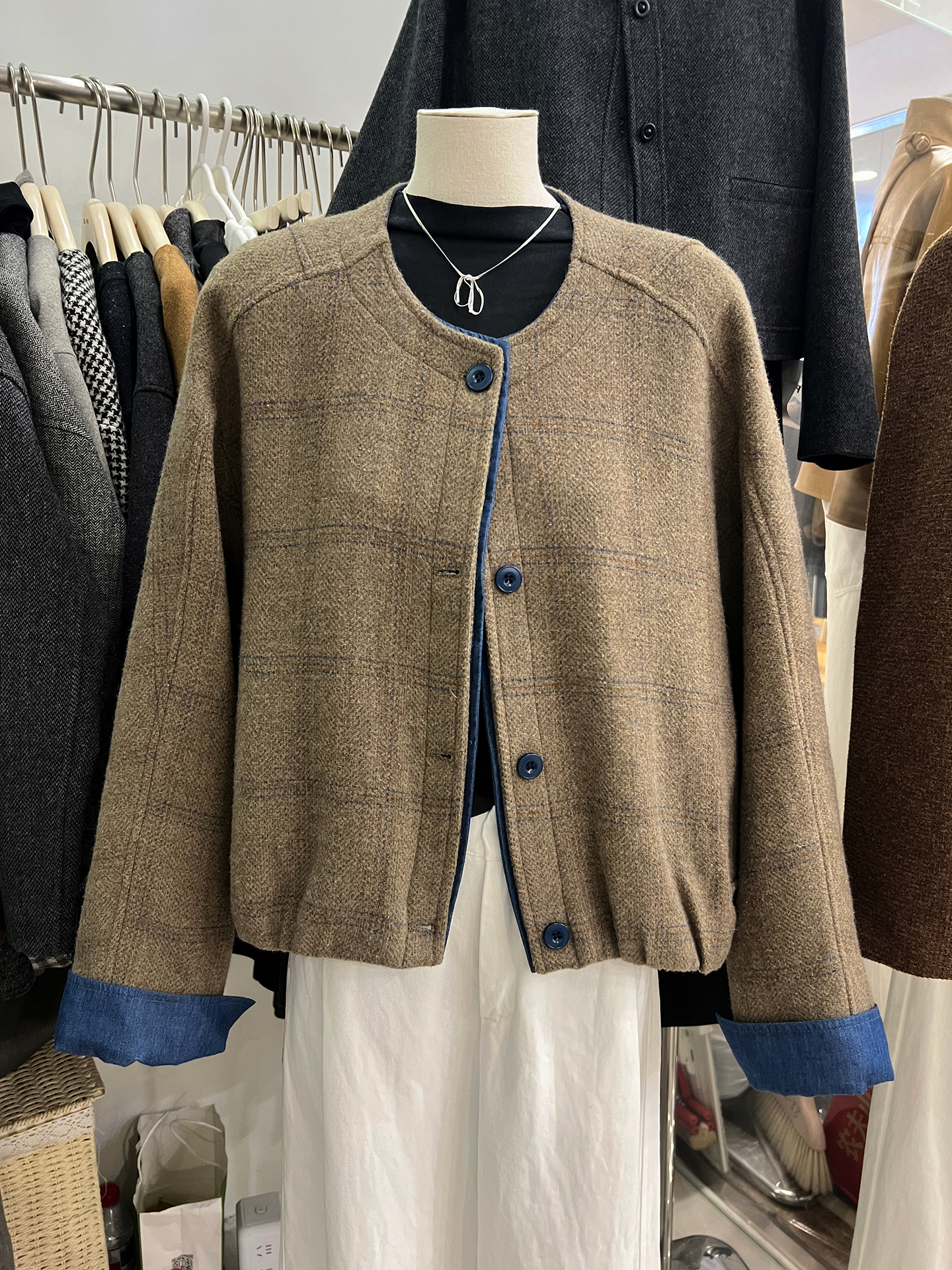 欧货高端撞色格子羊毛呢外套女秋冬2025新款设计感小香风气质上衣