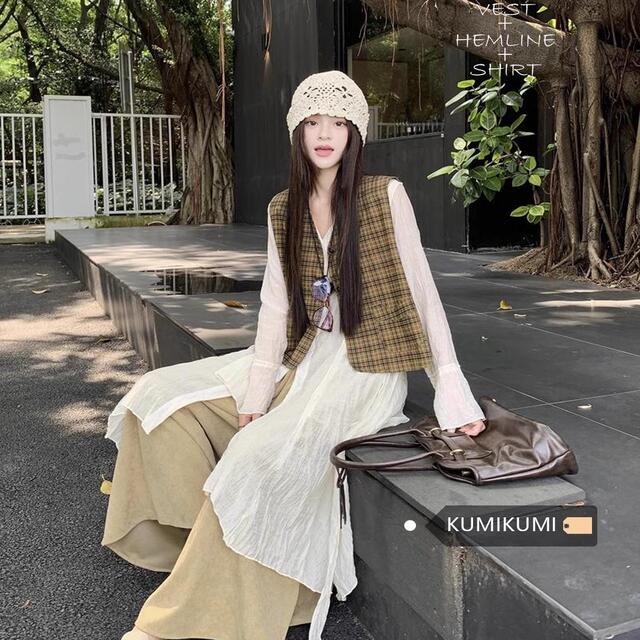 时尚套装女不规则褶皱衬衫叠穿格子马甲上衣早秋宽松休闲裤三件套