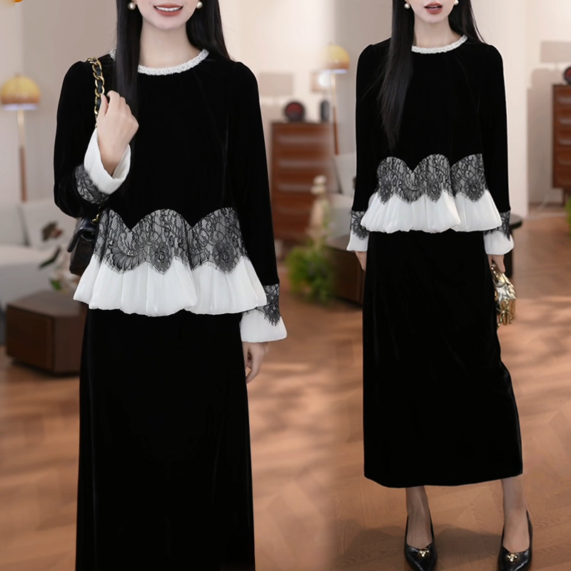 小众炸街高级感套装女2025春秋新款蕾丝提花长袖卫衣半身裙两件套