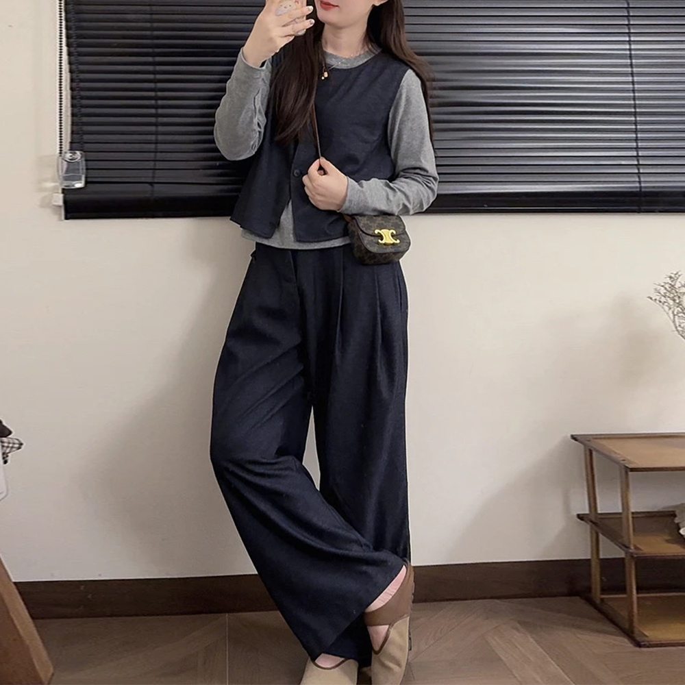 韩系松弛感套装女春秋季新款藏青色马甲纯色长袖t恤阔腿裤三件套
