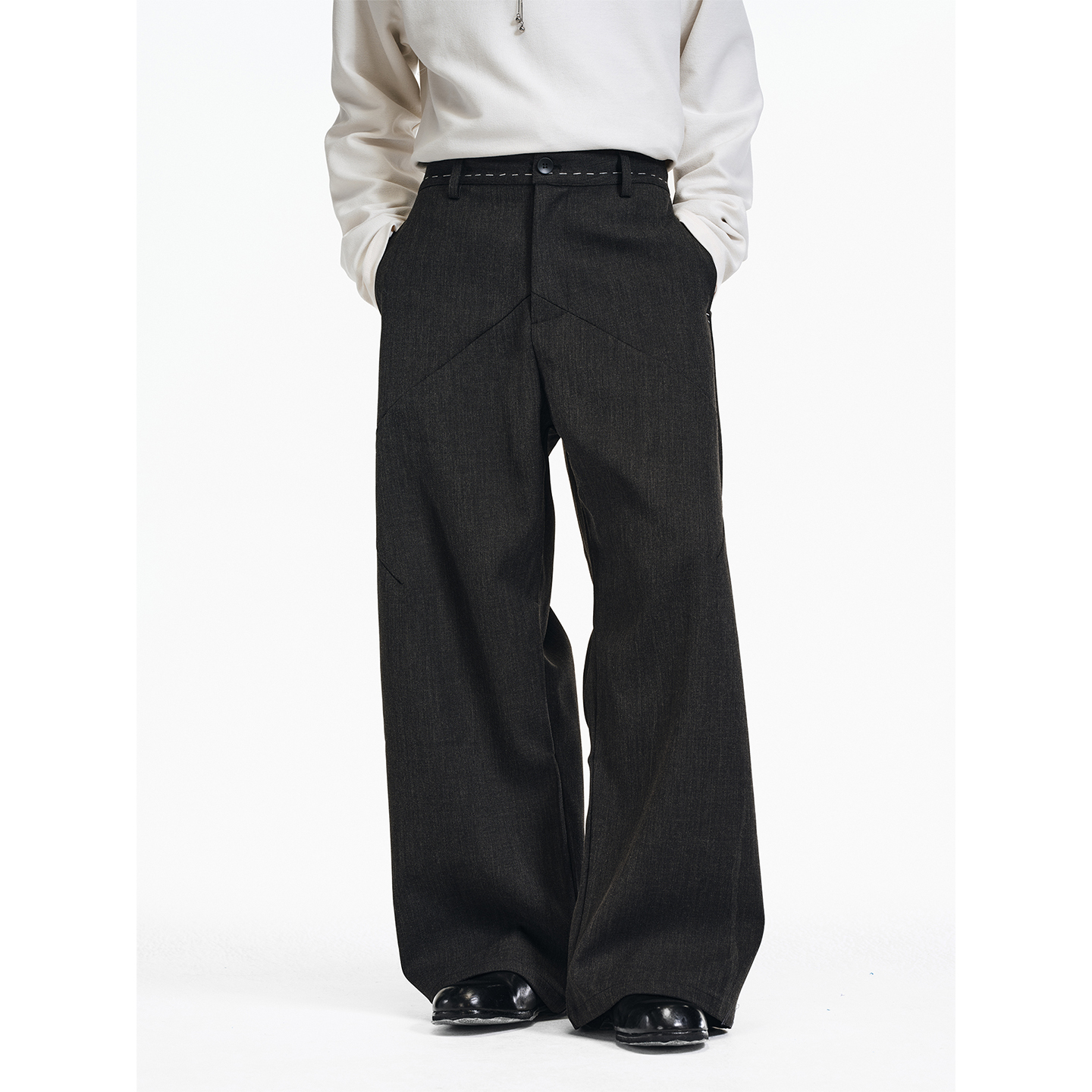 LIMPIDOCULUS 双色定织白色手缝线几何拼接撞色打枣A字西裤