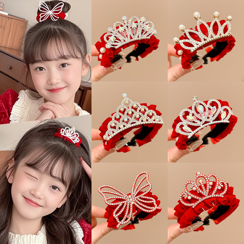 儿童小女孩喜庆过年头饰发卡丸子头盘发神器新年红色公主皇冠发夹