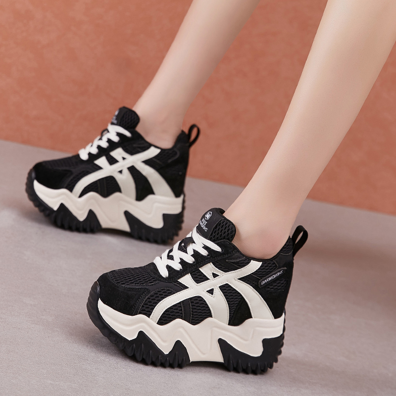 震地王女鞋2025秋季新款厚底内增高12cm老爹鞋女网面休闲运动鞋子