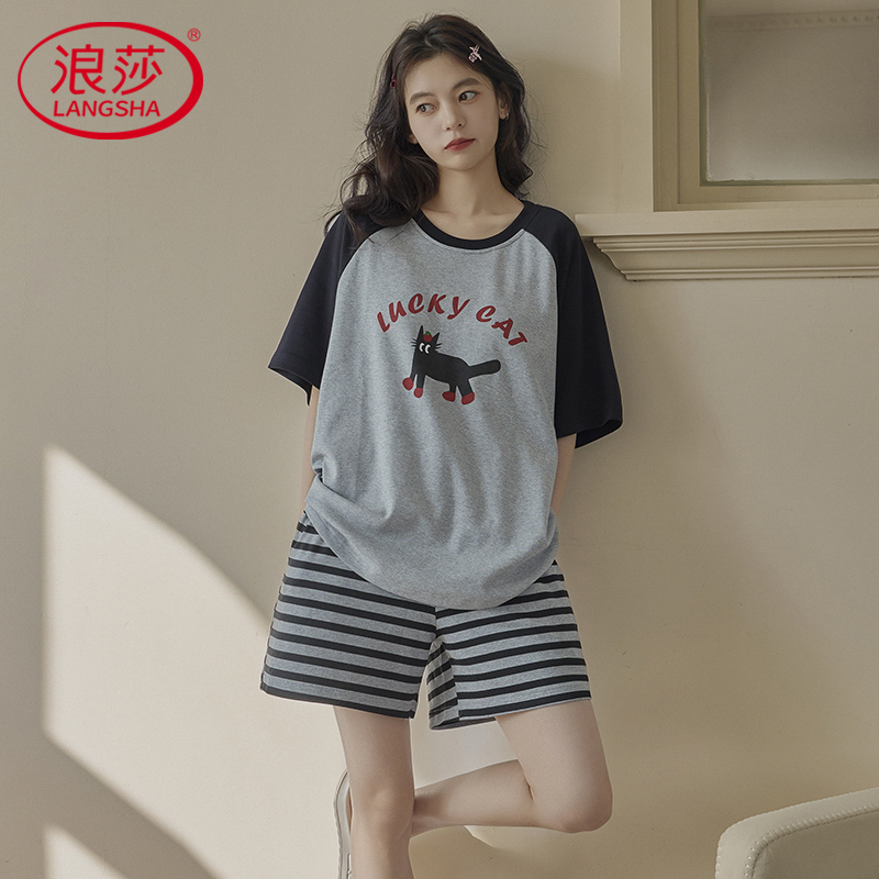 浪莎带胸垫睡衣女夏季纯棉套头短袖2025新款夏天短裤可外穿家居服