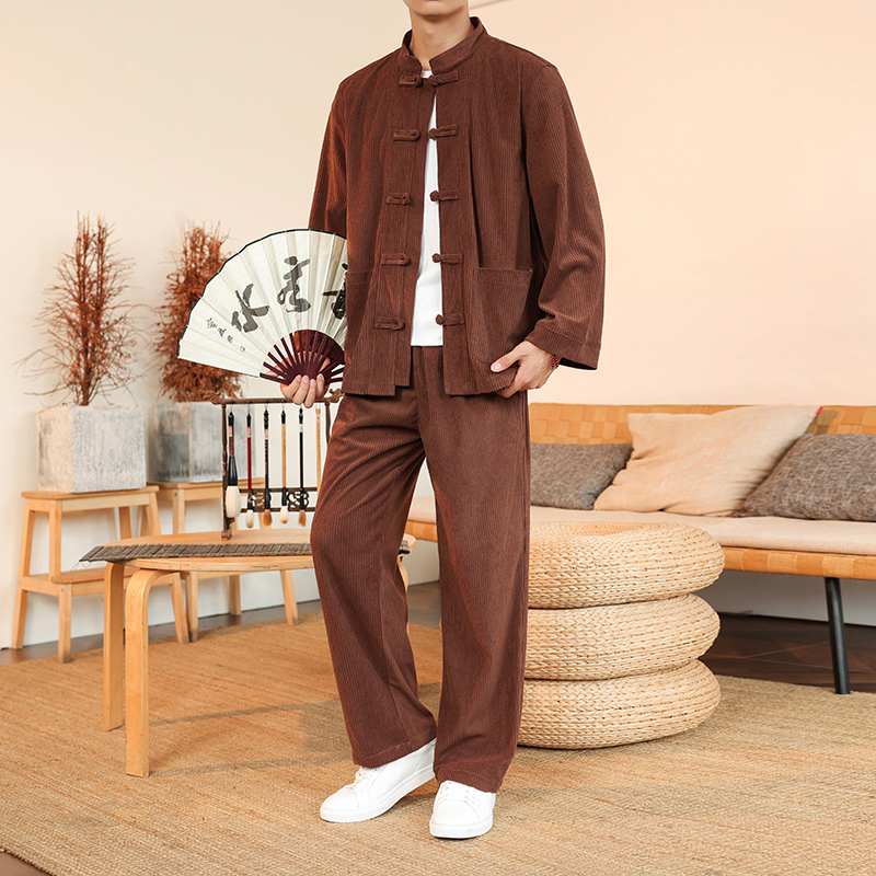 中国风男士大码灯芯绒两件套新款秋季宽松休闲潮流百搭盘扣唐装潮