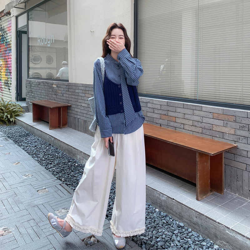 小众设计感撞色格纹衬衫阔腿裤2025春秋新款休闲韩系ins风套装裤