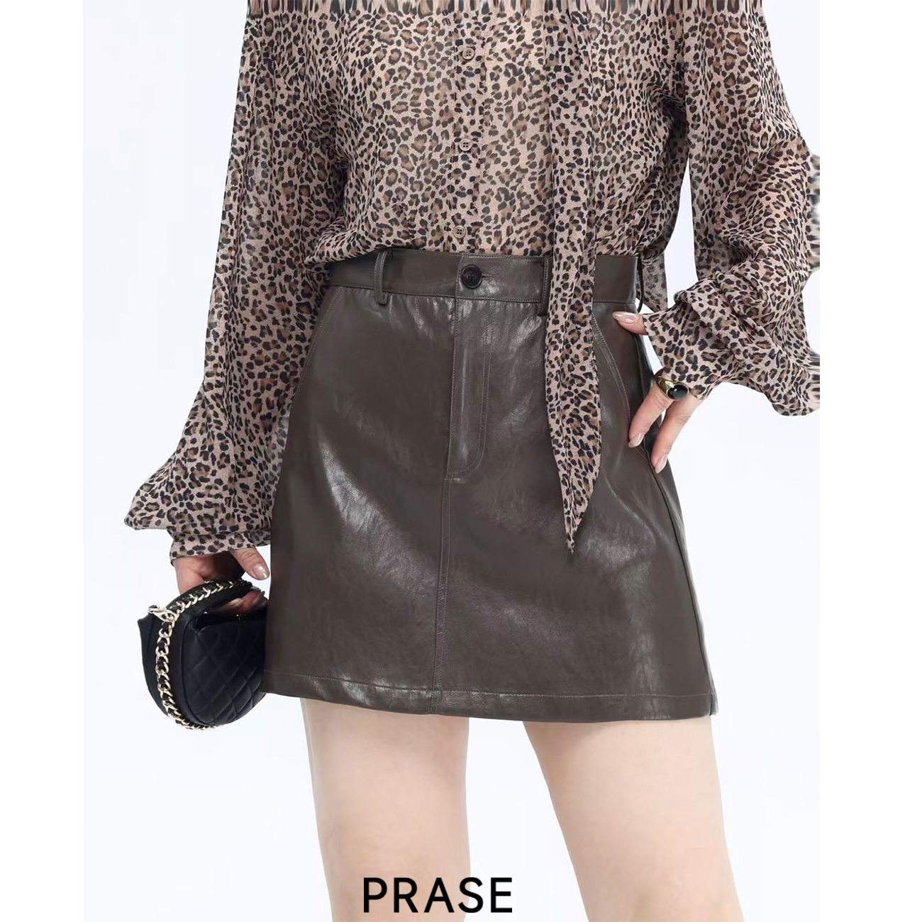 PRASE·噜【黑色唱片】微胖轻奢设计款秋时尚A字半身皮短裙PR507E17