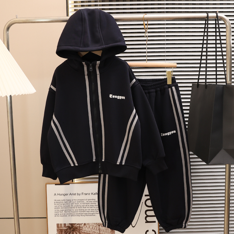实体货儿童加绒套装2025新款男女童加厚连帽休闲两件套宽松保暖冬