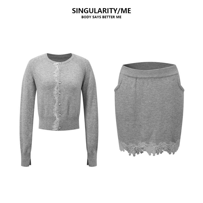 Singularity Me 2A 1018-1019 法式蕾丝拼接针织开衫短裙套装