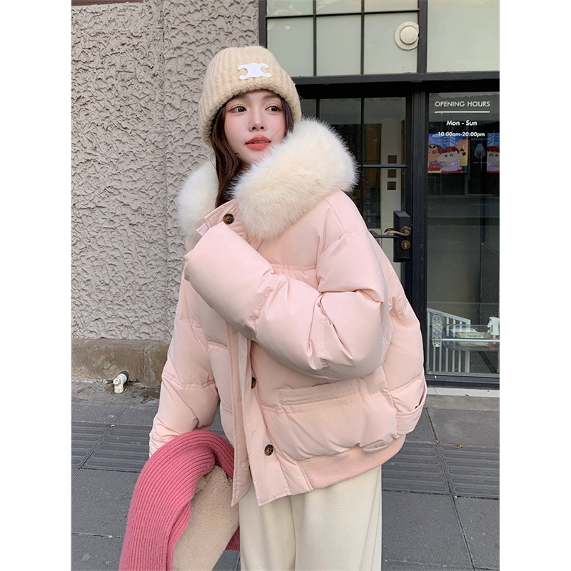 韩系甜美粉色大毛领连帽棉服女冬季2025新款今年流行加厚棉袄外套