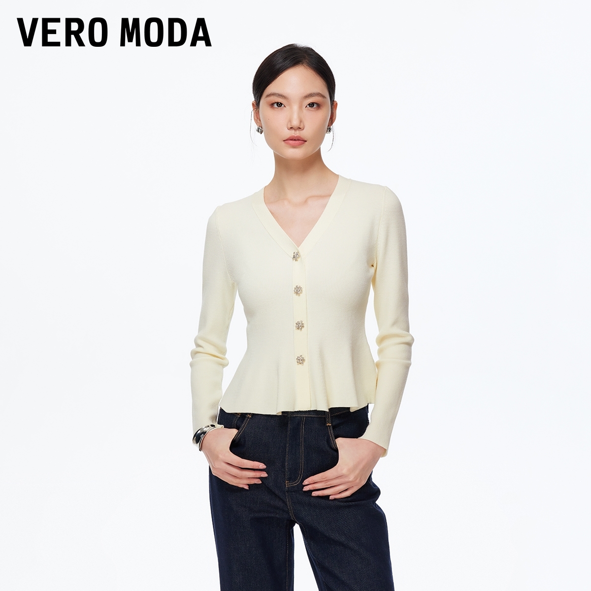 Vero Moda针织衫2025冬季新款荷叶边下摆纯色收腰修身小众高级感