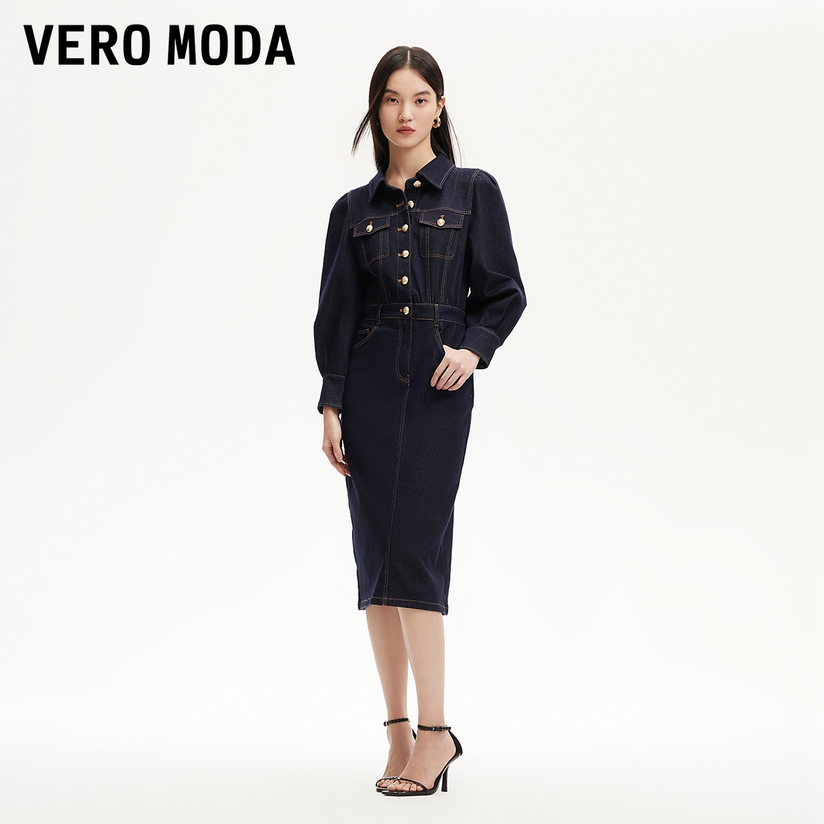 Vero Moda连衣裙女装2025新款松紧收腰直筒牛仔裙轻奢老钱风洋气