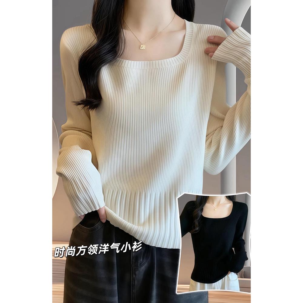 正肩针织长袖上衣女2025春装新款大码女装胖MM方领气质显瘦打底衫