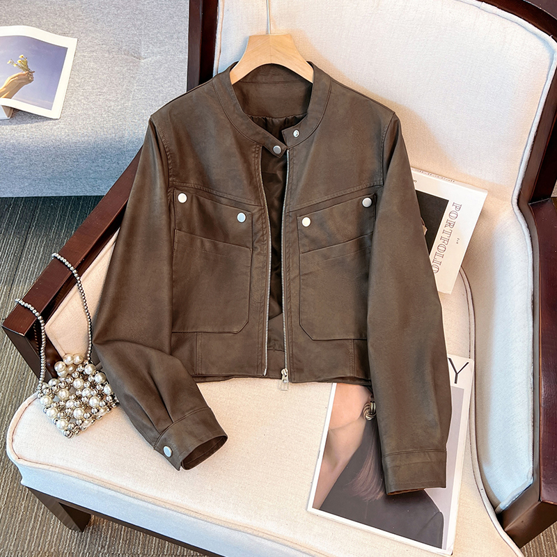 拉夏贝尔小个子咖色短款皮衣外套女2025春秋季新款机车皮夹克上衣