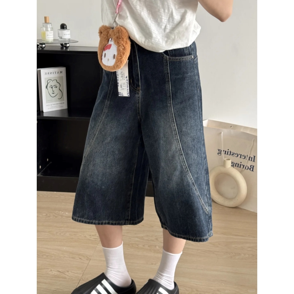 美式复古蓝设计感廓形牛仔裤女2025春夏高腰显瘦垂感七分阔腿裤子