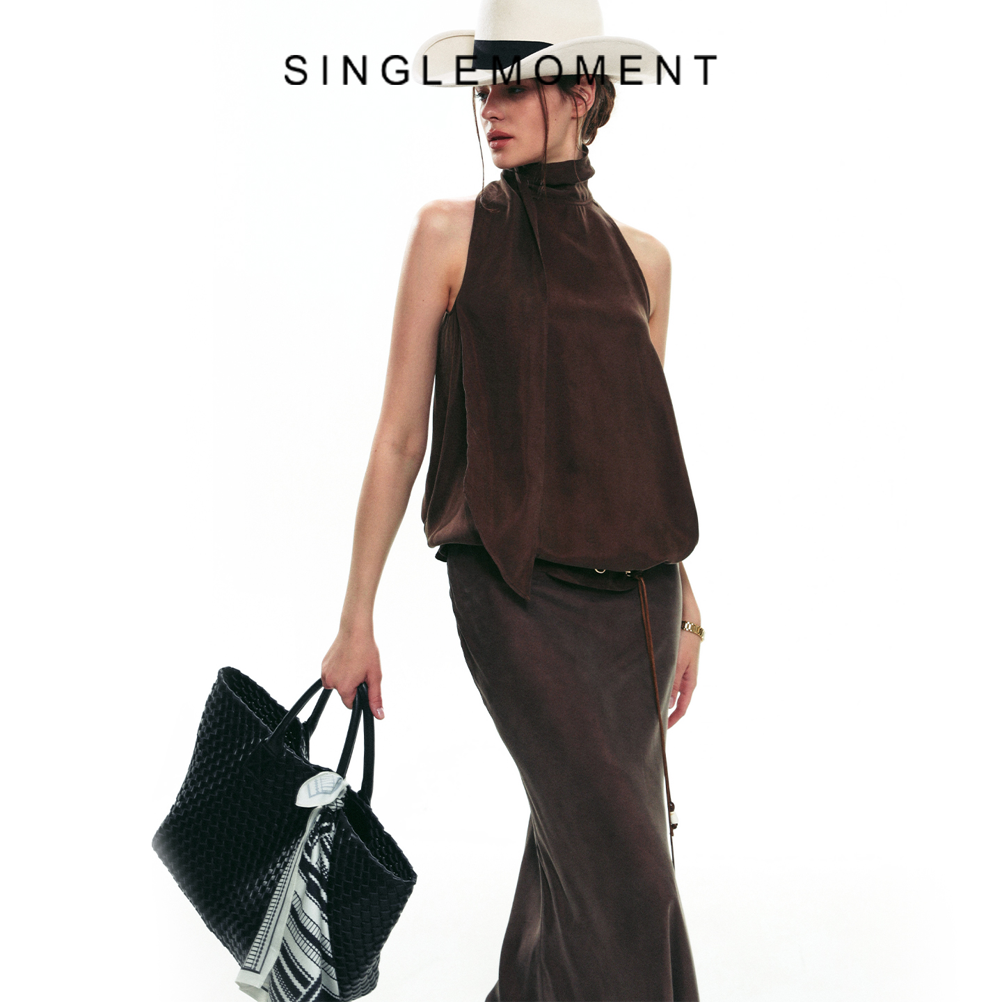 SINGLE MOMENT 25SS夏季新款法式高领飘带无袖背心吊带上衣套装