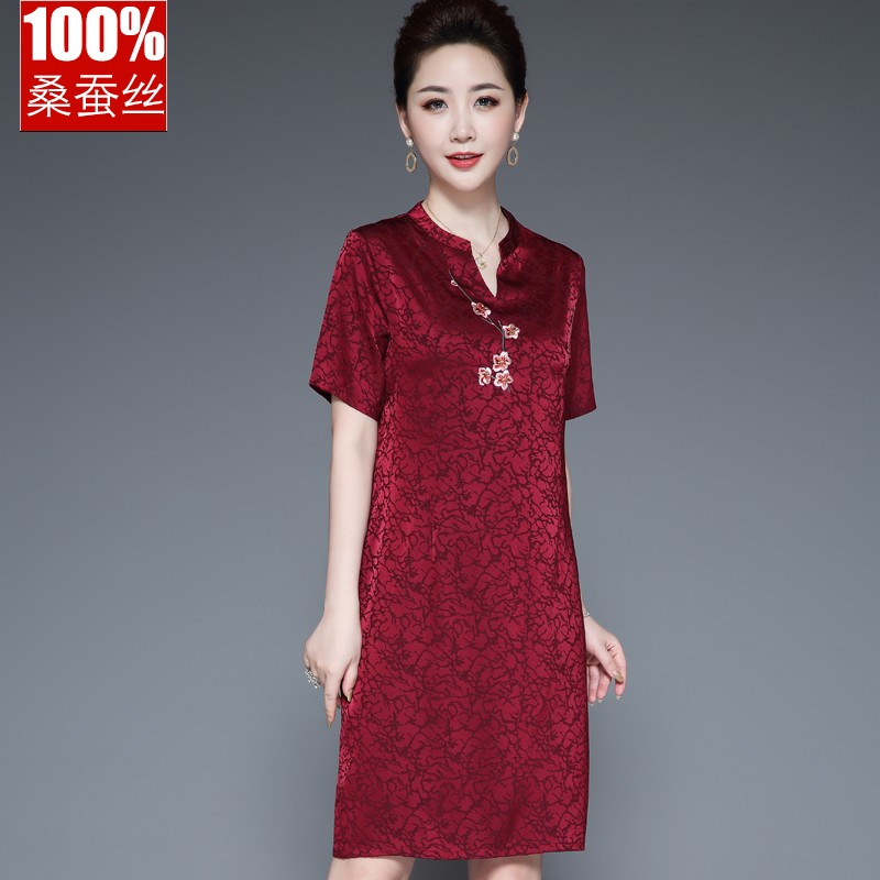 恒源祥彩羊气质夏季新款仿真丝连衣裙仿冰丝重工刺绣中年妈妈装裙