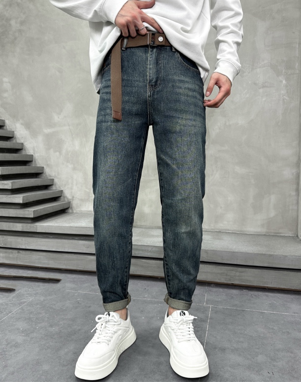 【小璐优选】秋季新款男士午夜深蓝色微锥小直筒牛仔裤百搭休闲简约