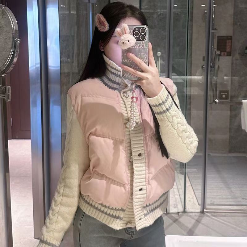 立领针织拼接粉色棉服女短款2025年新款韩版设计感小个子冬季外套
