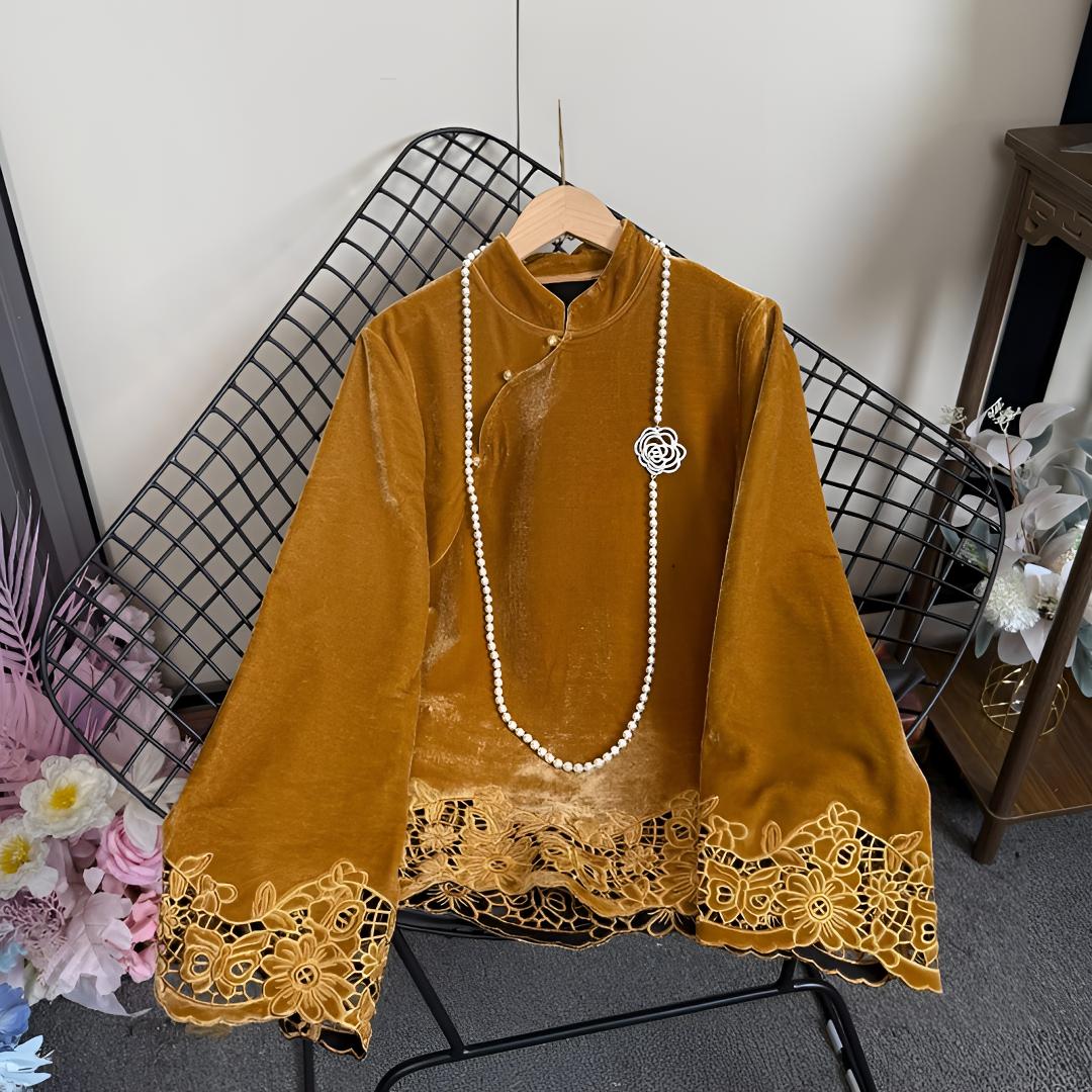 秋冬加绒打底衫新中式国风复古盘扣立领拼接蕾丝边长袖衬衫上衣女