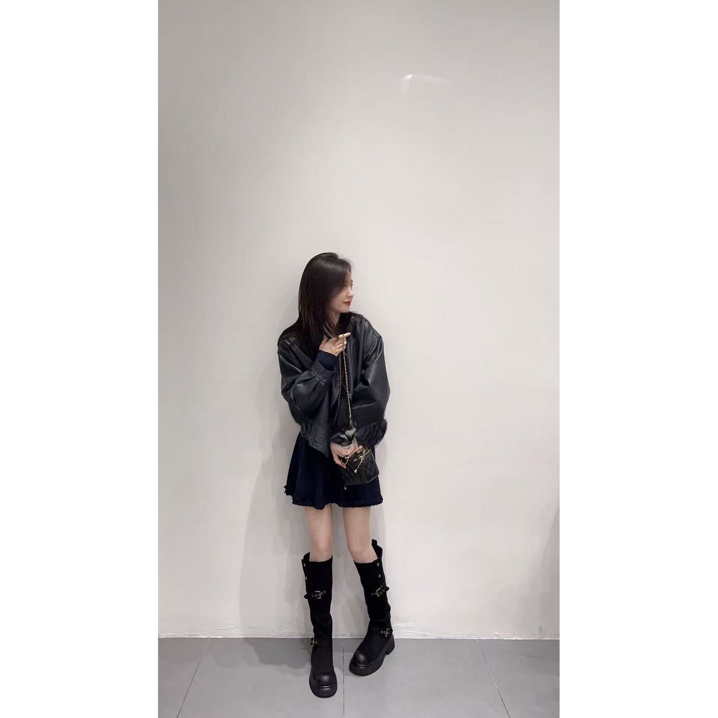 新款韩系少女感复古系带针织开衫短裙显瘦皮衣外套三件套套装