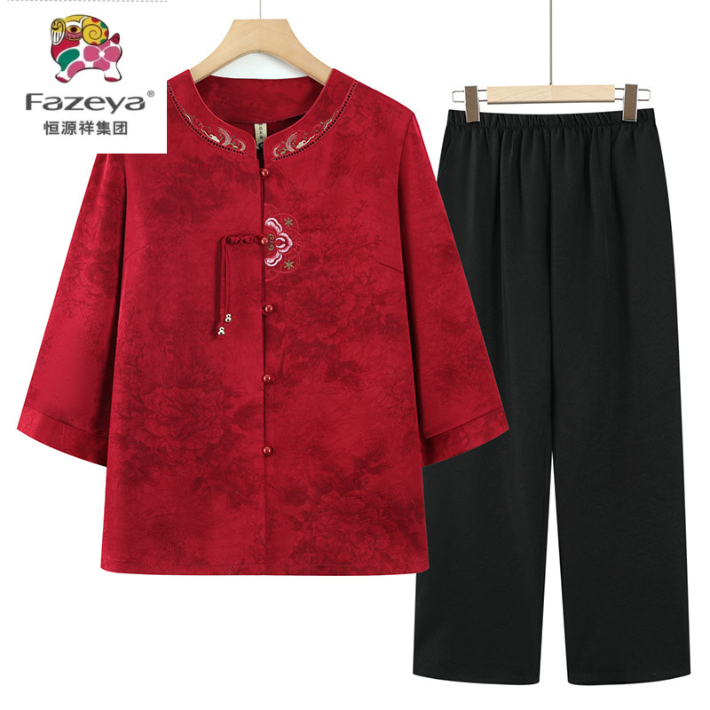 奶奶装夏季七分袖衬衫套装中老年人妈妈唐装绣花上衣女老太太衣服