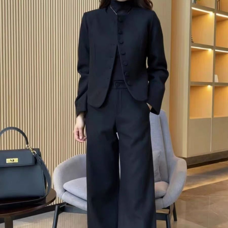 799新款时尚简约气质单排扣圆领外套后松紧腰阔腿裤套装