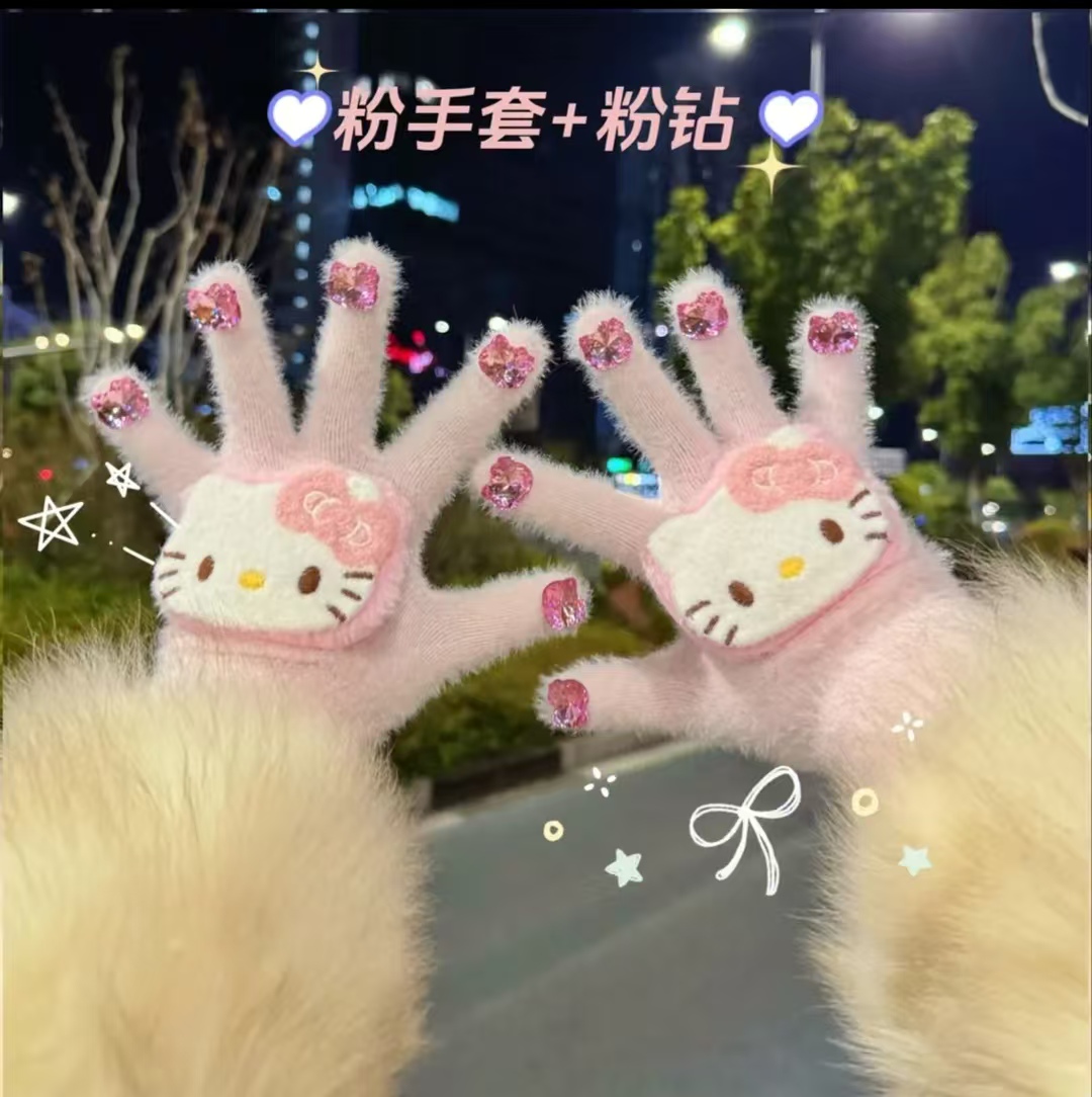 新款钻石手指针织保暖手套秋冬防寒手套可爱手套女冬季hellokitty