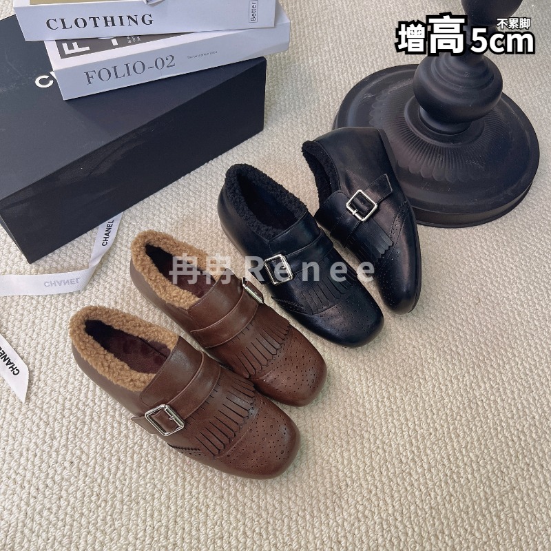 冉冉Renee加绒布洛克英伦风乐福鞋秋冬季单鞋女平底鞋内增高5cm