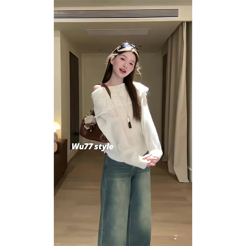 温柔系甜美一字肩巨好看长袖气质慵懒露肩上衣显瘦宽松百搭牛仔裤