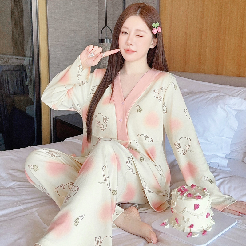 带胸垫哺乳孕妇睡衣夏季薄款产后待产月子服春秋家居服8-11月份