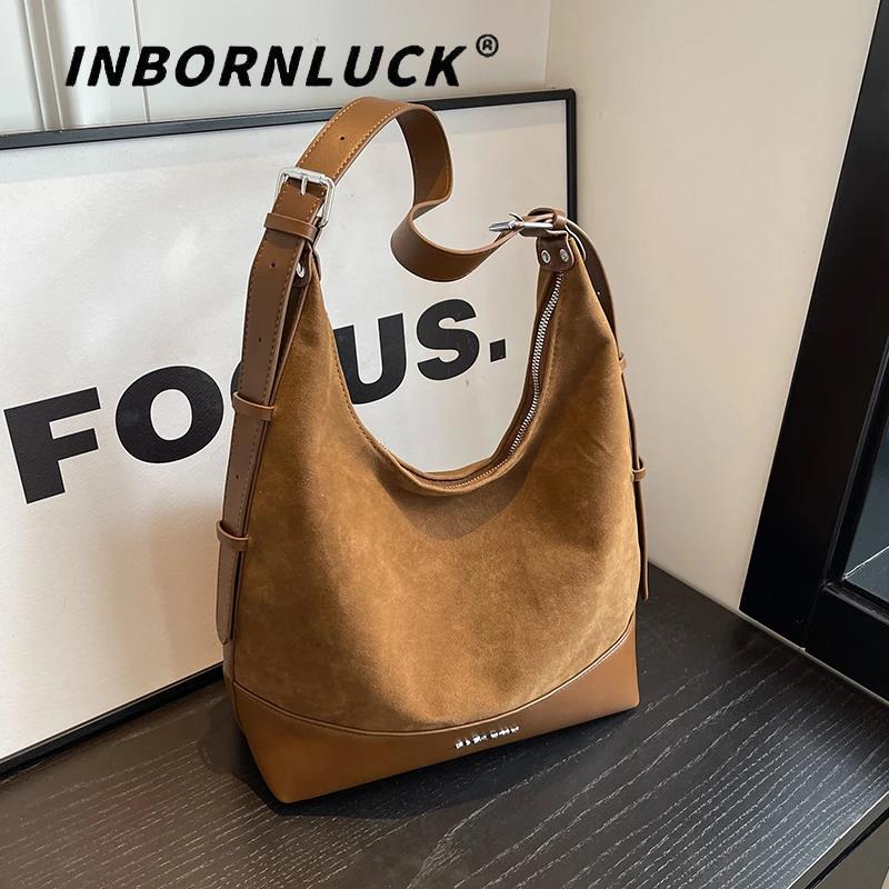 复古秋冬麂皮女士包包2025新款通勤大容量单肩斜挎包托特包水桶包