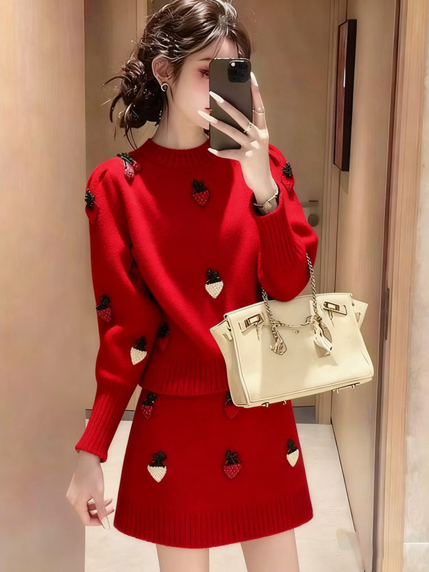 2025新款红色针织套装初冬小个子穿搭女今年流行上衣半身裙两件套