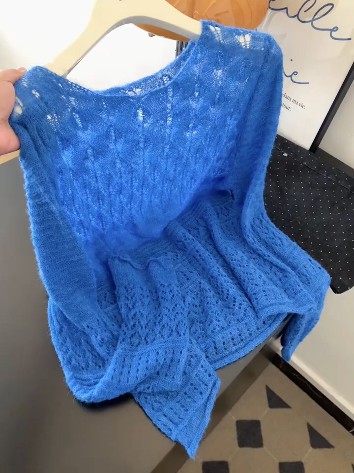 【现货】法式气质镂空针织衫女2025新款慵懒风宽松显瘦蓝色圆领上衣