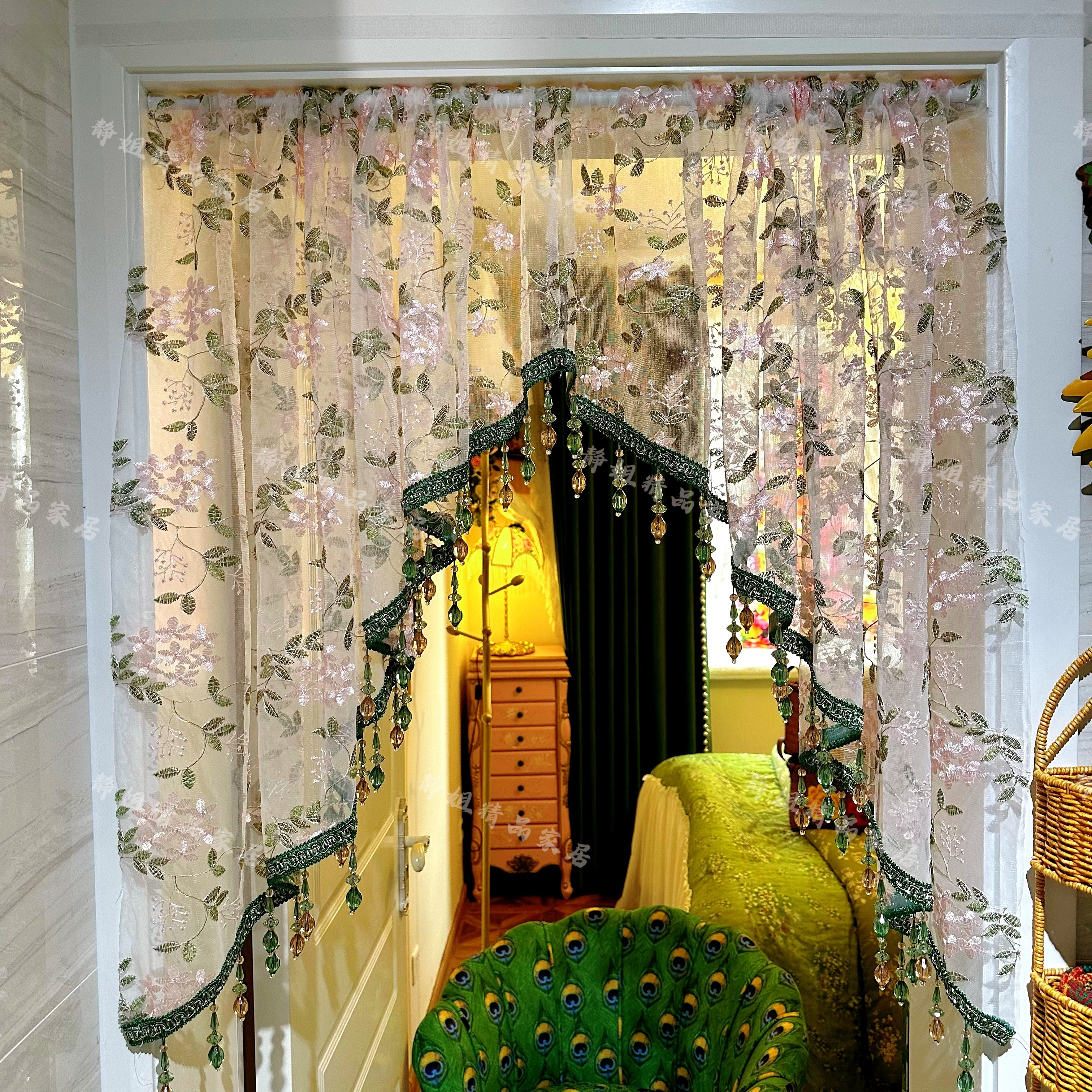 轻奢绿韵流苏边碎免打孔安装隔断门帘纱帘蕾丝布艺卧室厨房隔断