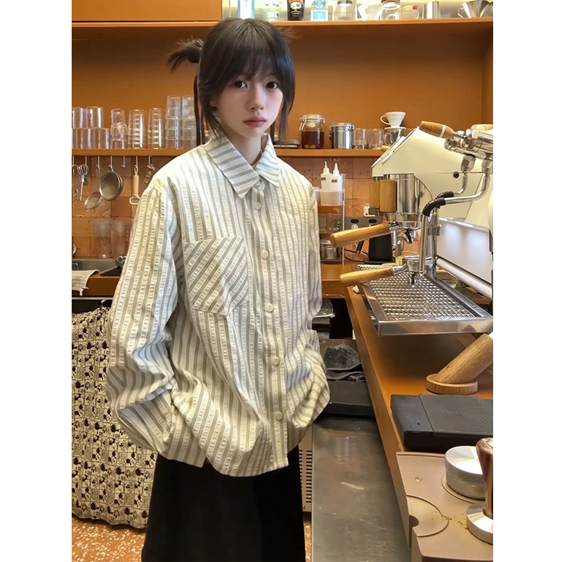 美式vintage白色条纹长袖衬衫男707同款高智感衬衣休闲情侣装外套