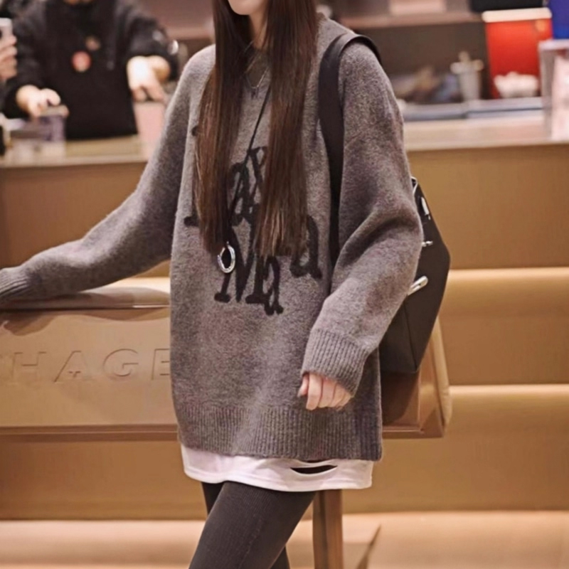 中长款灰色毛衣女款秋冬2025新款大码胖MM宽松洋气独特针织上衣