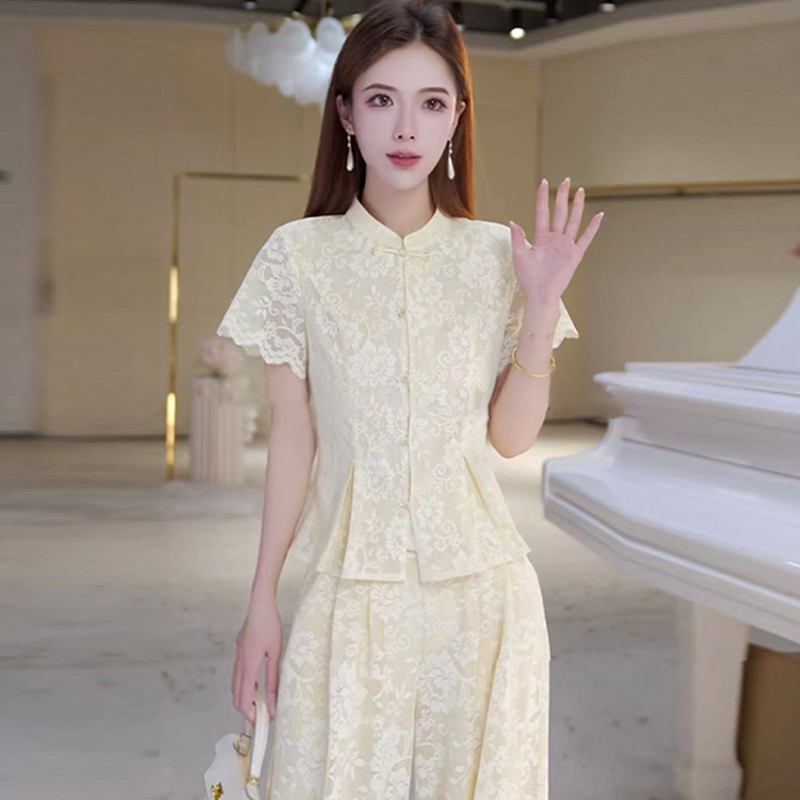 新中式时尚气质套装女2026年夏季新款收腰开衫上衣阔腿裤两件套潮