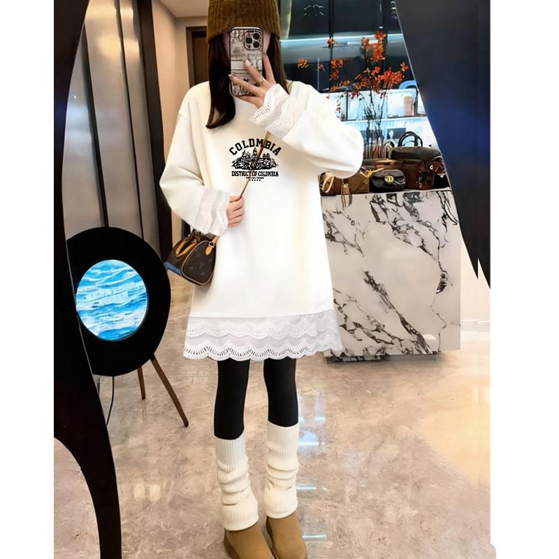 高级感蕾丝底摆拼接自色长袖T恤中长遮肚小衫秋冬显瘦内搭上衣女