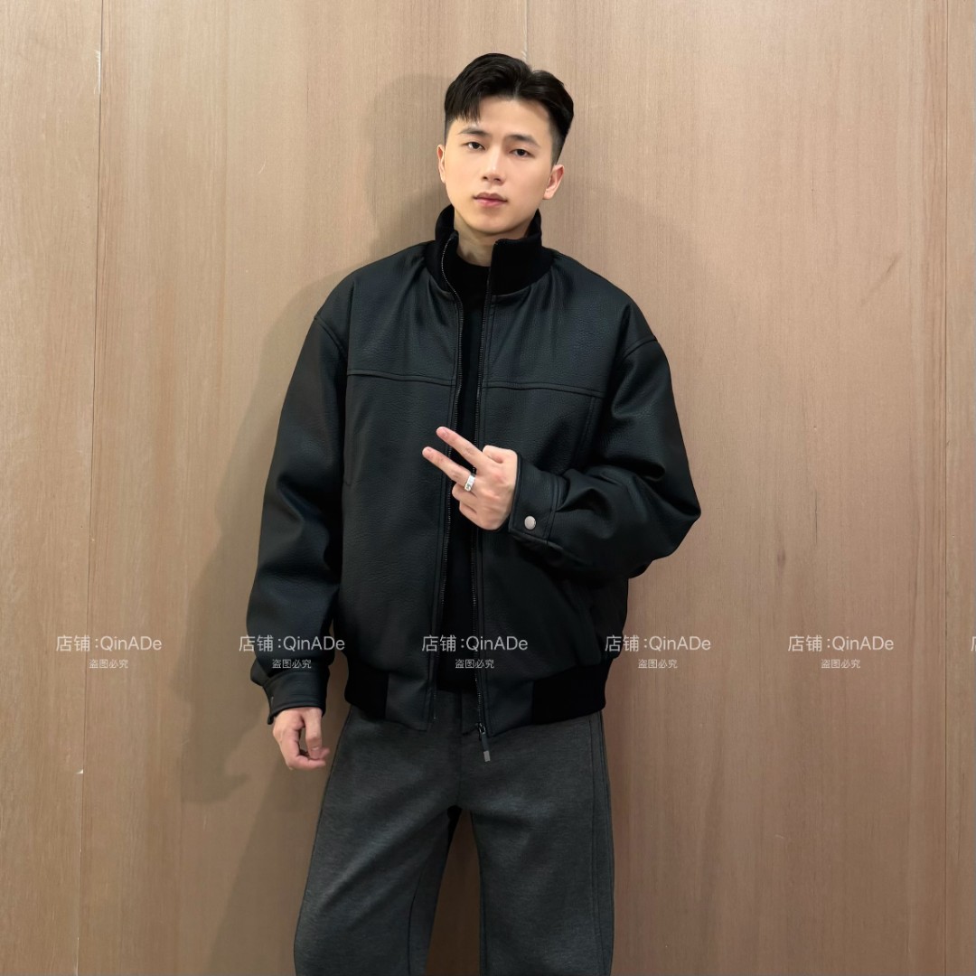 QinADe冬季美式硬核纹理感皮衣羽绒服90白鸭绒保暖立领外套男上衣