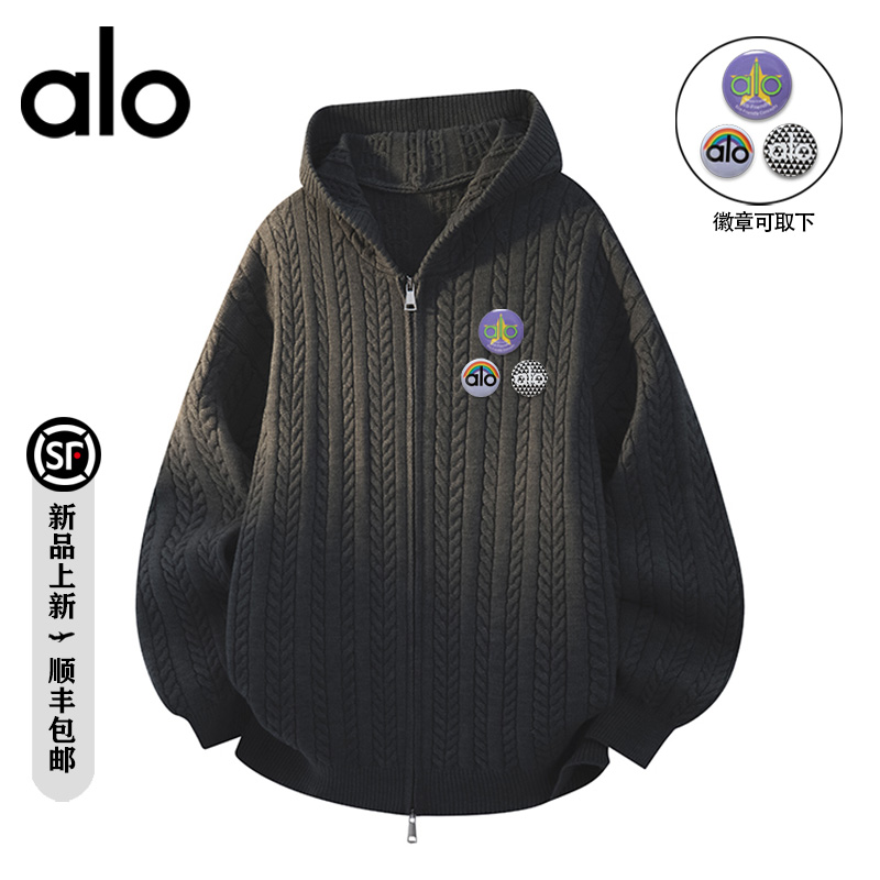 alo潮牌 秋冬季徽章别针时尚针织毛衣宽松休闲情侣开衫连帽外套男