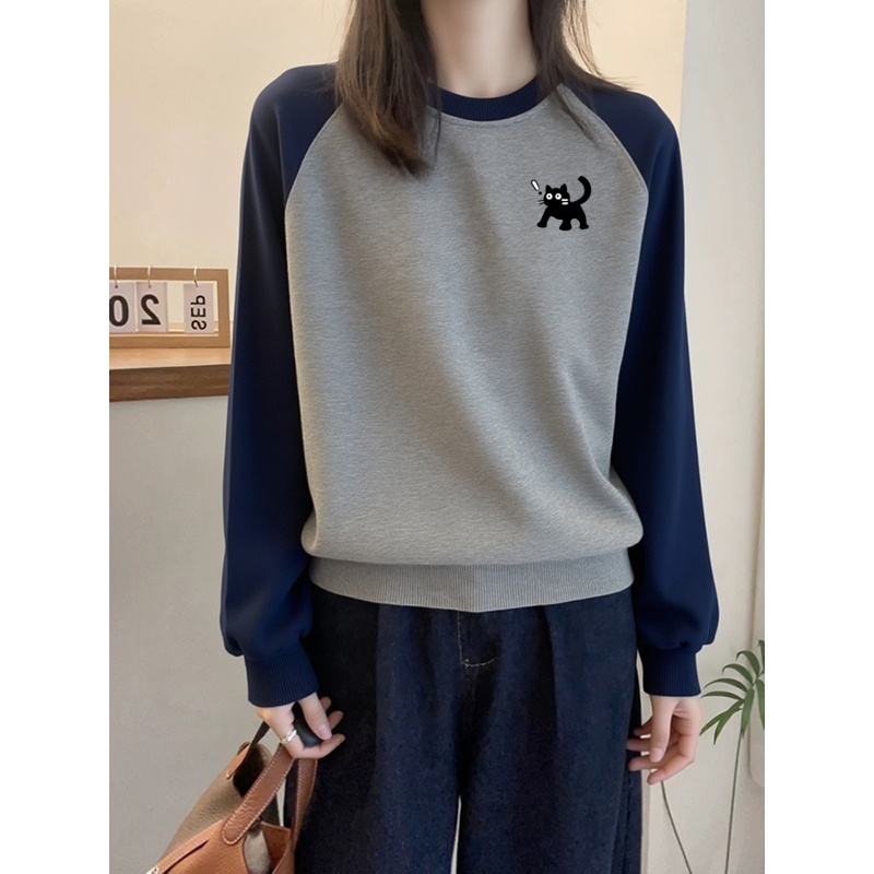 时尚爆款卡通印花圆领插肩卫衣女秋冬季大码胖mm宽松百搭加绒加厚